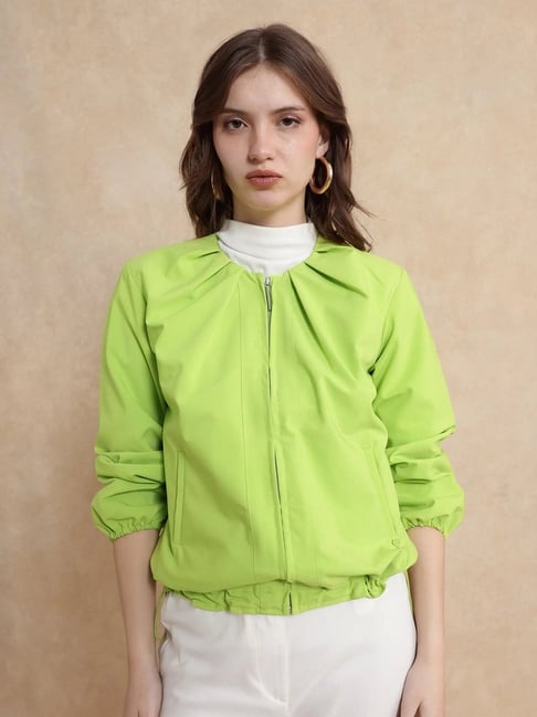 RAREISM Green Crepe Solid Long Sleeves Jacket