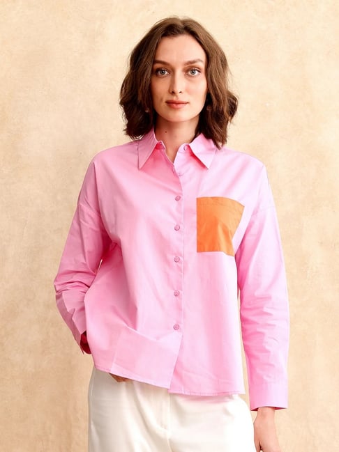 RAREISM Pink Cotton Solid Long Sleeves Shirt