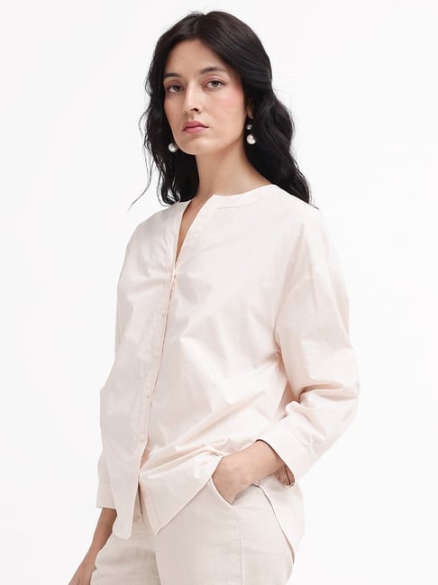 RAREISM Beige Cotton Solid Three-Quarter Sleeves Shirt