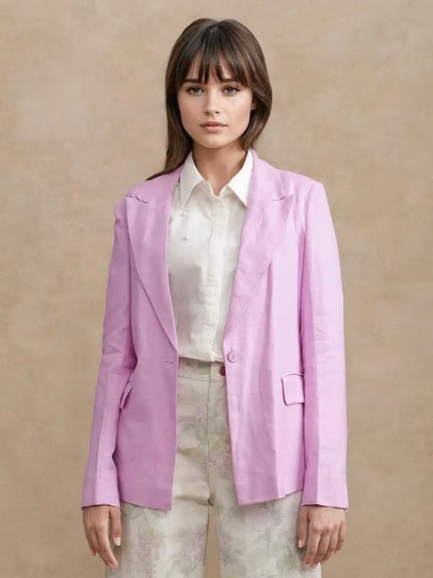 RAREISM Pink Linen Solid Long Sleeves Blazer-picture-19