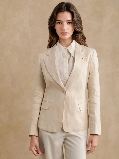 RAREISM Beige Linen Solid Long Sleeves Blazer-picture-30