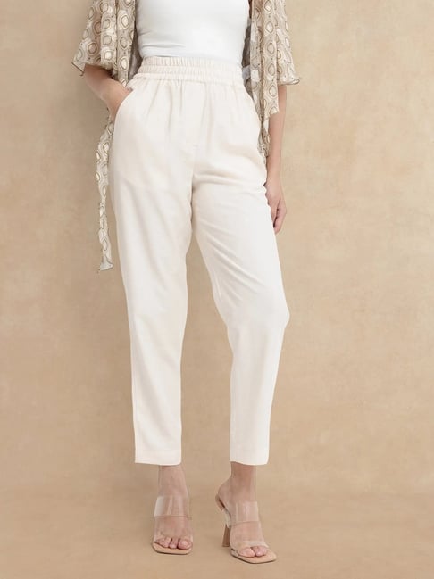 RAREISM Beige Cotton Blend Solid Trousers-picture-24