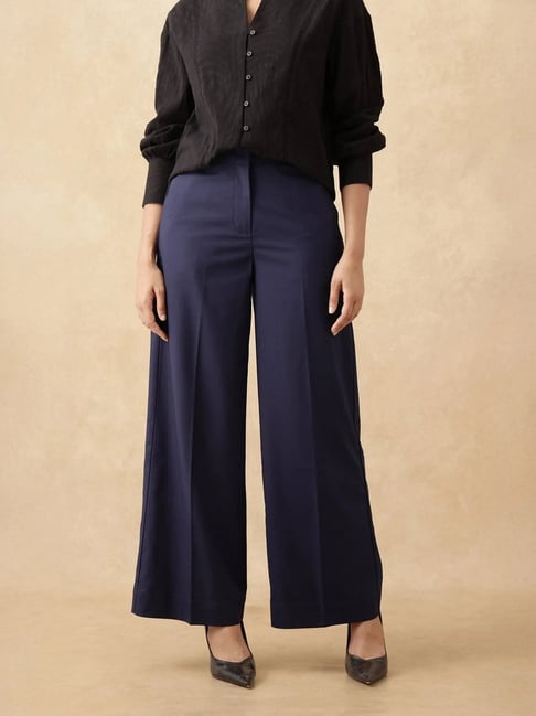 RAREISM Navy Polyester Solid Trousers-picture-41