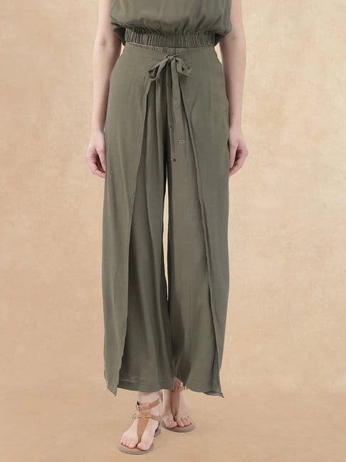 RAREISM Olive Rayon Solid Trousers-picture-41