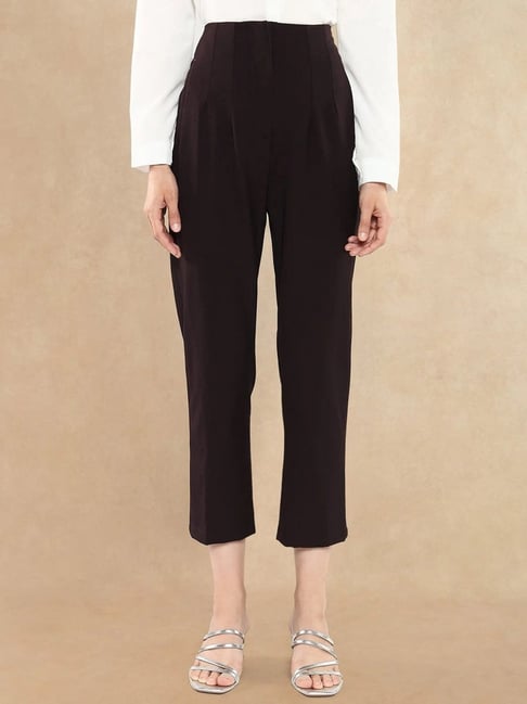 RAREISM Maroon Cotton Blend Solid Trousers-picture-47