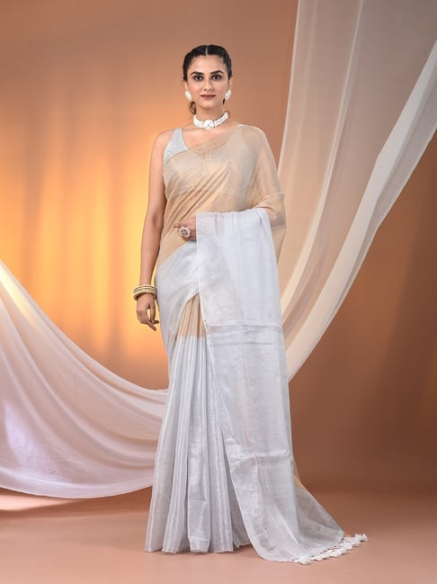 CHARUKRITI Golden & White Blended Solid Saree With Unstitched Blouse-picture-18