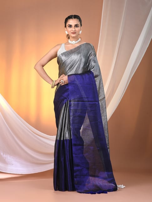 CHARUKRITI Grey & Blue Blended Solid Saree With Unstitched Blouse-picture-40