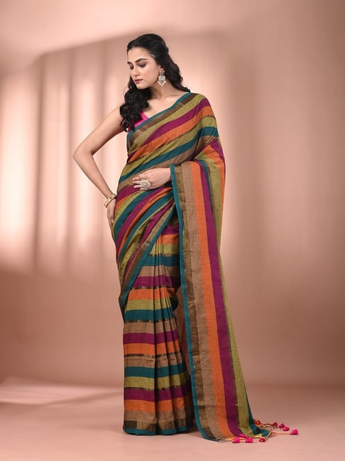 CHARUKRITI Multicolor Cotton Stripes Saree With Unstitched Blouse-picture-40