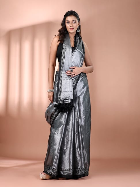 CHARUKRITI Silver Blended Solid Saree With Unstitched Blouse-picture-29