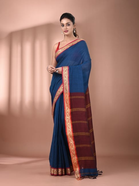 CHARUKRITI Sapphire Blue Cotton Stripes Saree-picture-10