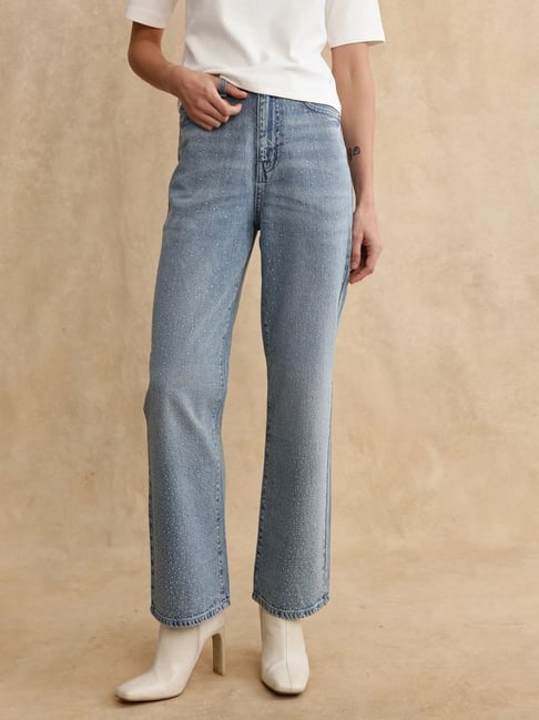 RAREISM Blue Cotton Blend Solid Jeans