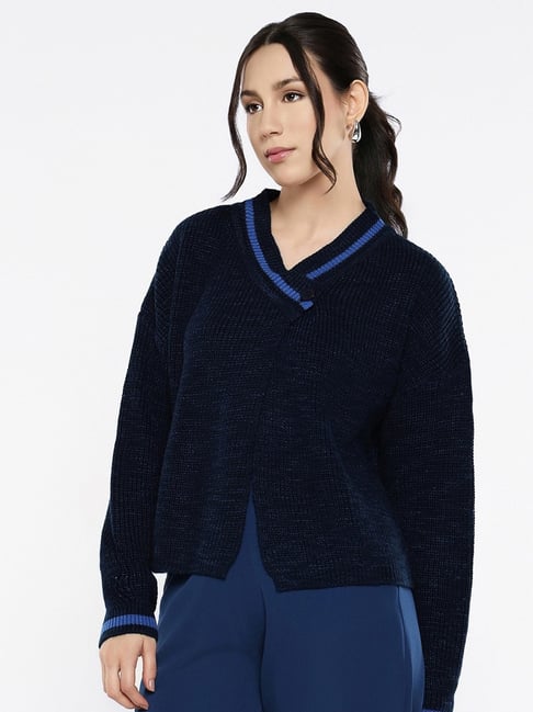 RAREISM Navy Acrylic Solid Long Sleeves Shrug