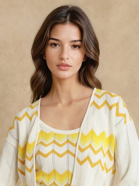 RAREISM Yellow Cotton Solid Long Sleeves Shrug