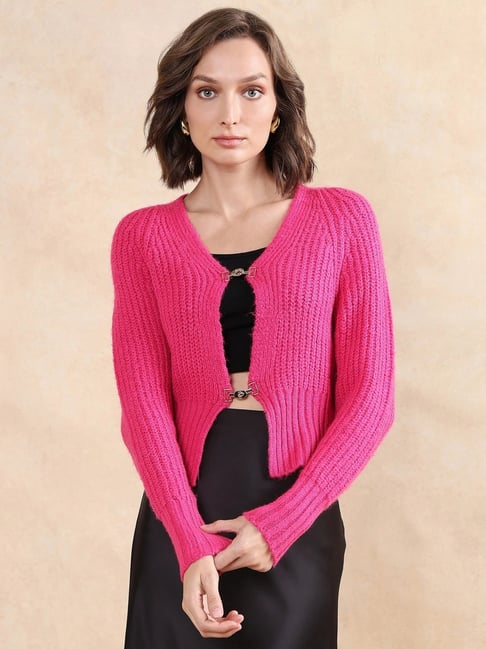 RAREISM Pink Acrylic Solid Long Sleeves Cardigan-picture-21