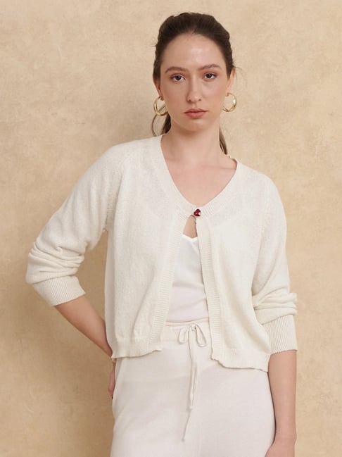 RAREISM Beige Cotton Blend Solid Long Sleeves Shrug