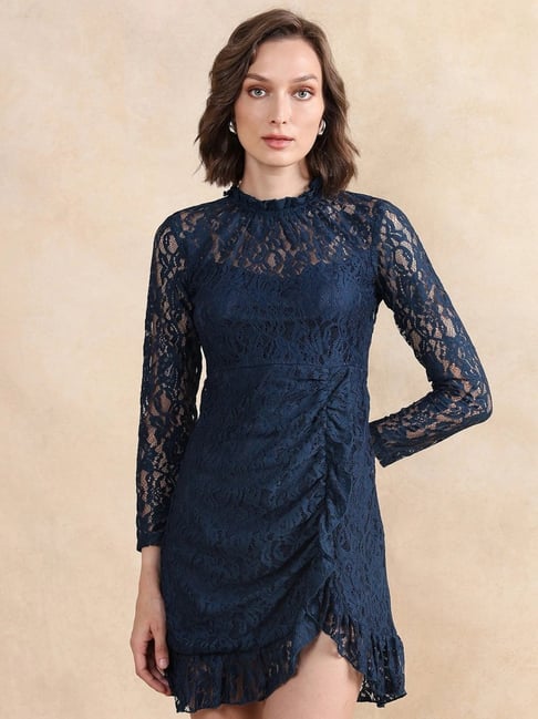 RAREISM Blue Cotton Blend Solid Long Sleeves Dress