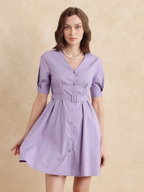 RAREISM Purple Cotton Blend Solid Short Sleeves Dress