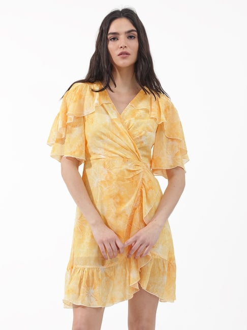 RAREISM Yellow Polyester Printed Short Sleeves Dress-picture-12