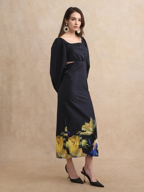 RAREISM Black Cotton Printed Long Sleeves Dress