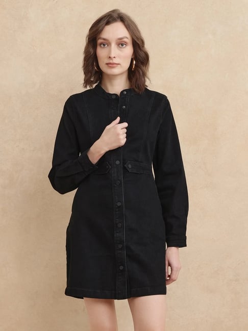 RAREISM Black Cotton Blend Solid Long Sleeves Dress-picture-34