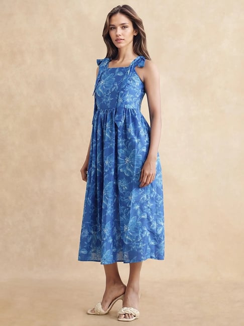 RAREISM Blue Linen Printed Sleeveless Dress-picture-12
