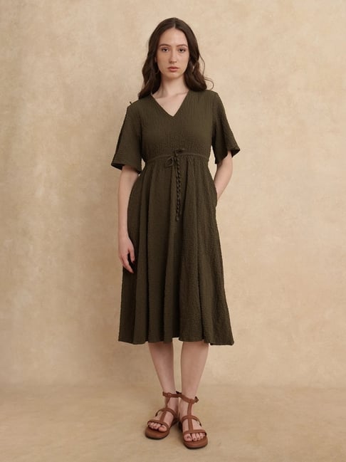 RAREISM Olive Polyester Solid Short Sleeves Dress-picture-30