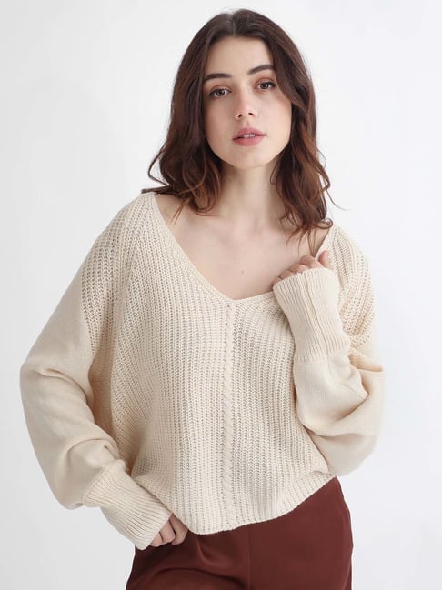 RAREISM Off White Acrylic Solid Long Sleeves Sweater-picture-15