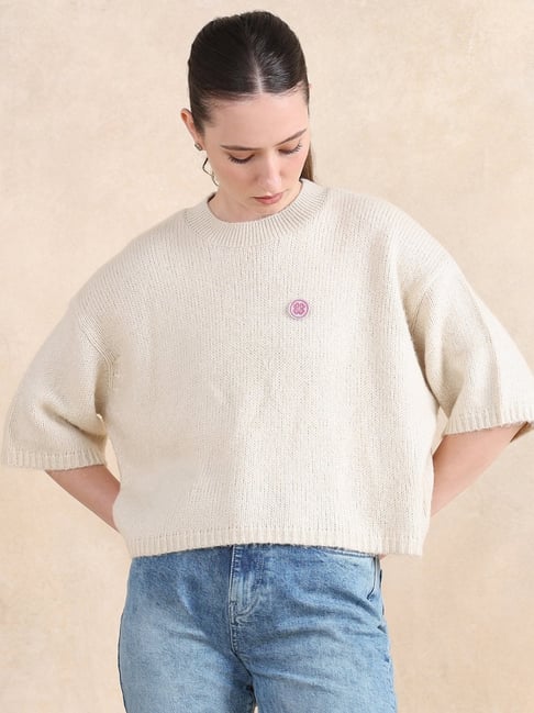 RAREISM Beige Acrylic Striped Short Sleeves Sweater-picture-38