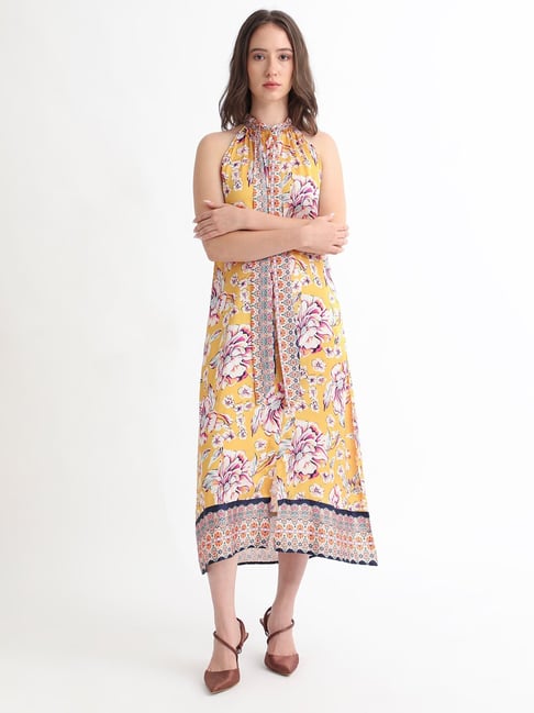 RAREISM Yellow Polyester Printed Sleeveless Dress-picture-13