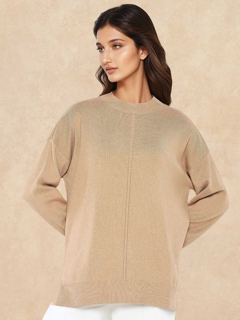 RAREISM Beige Viscose Solid Long Sleeves Sweater