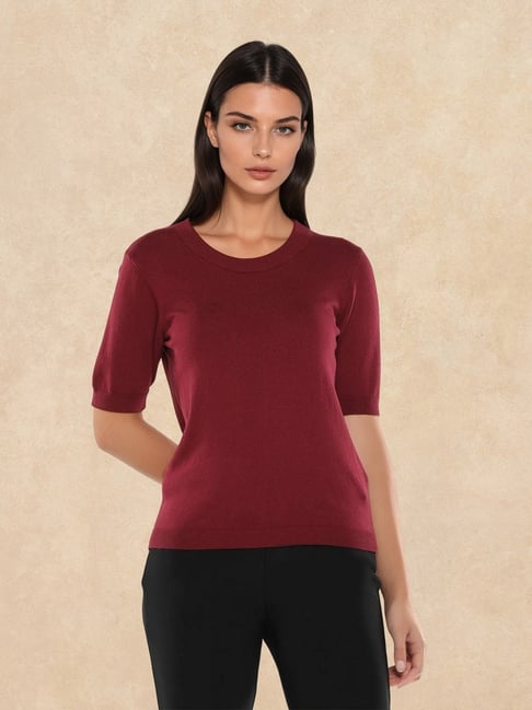 RAREISM Purple Cotton Blend Solid Short Sleeves Sweater-picture-21