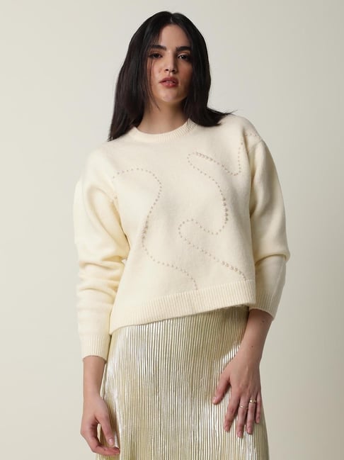 RAREISM Off White Acrylic Embellished Long Sleeves Sweater-picture-27