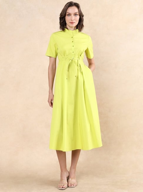 RAREISM Green Cotton Blend Solid Short Sleeves Dress-picture-20