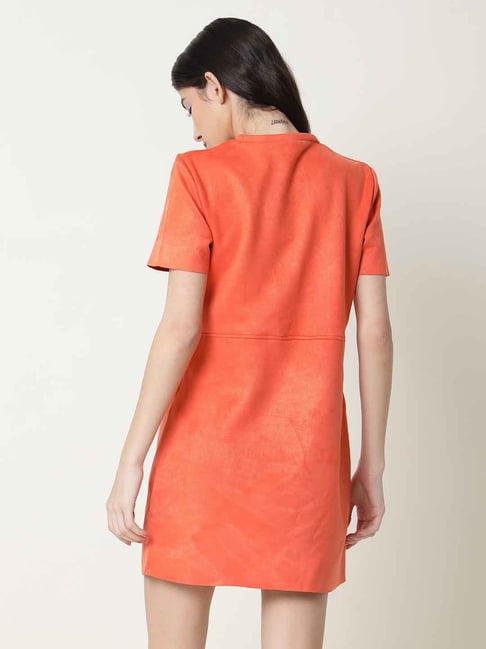 RAREISM Orange Polyester Solid Short Sleeves Dress