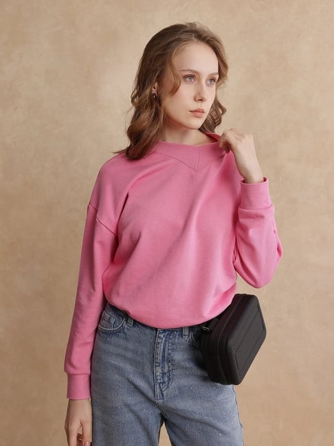 RAREISM Pink Cotton Blend Solid Long Sleeves Sweatshirt-picture-23