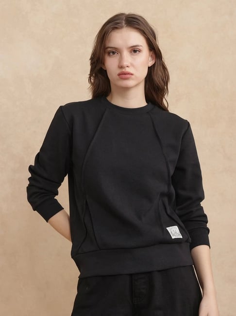RAREISM Black Cotton Blend Solid Long Sleeves Sweatshirt