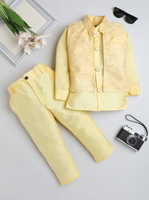 Fourfolds Boys Yellow Cotton Regular Fit Embroidered Kurta Set-picture-27