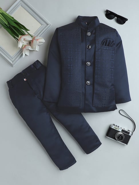 Fourfolds Boys Navy Blue Regular Fit Blazer & Trousers Set-picture-22