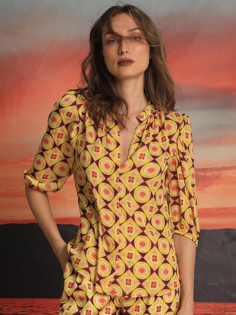RAREISM Yellow Polyester Printed Three-Quarter Sleeves Top-picture-17