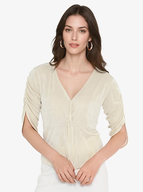 RAREISM Beige Polyester Solid Three-Quarter Sleeves Top-picture-43
