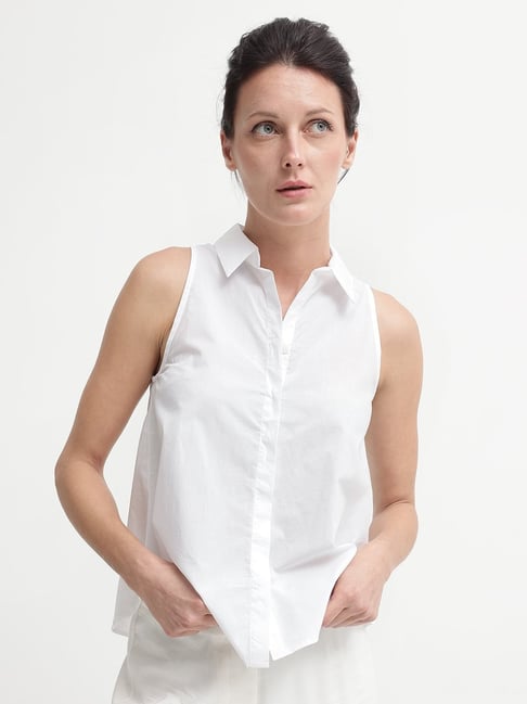RAREISM White Cotton Solid Sleeveless Top