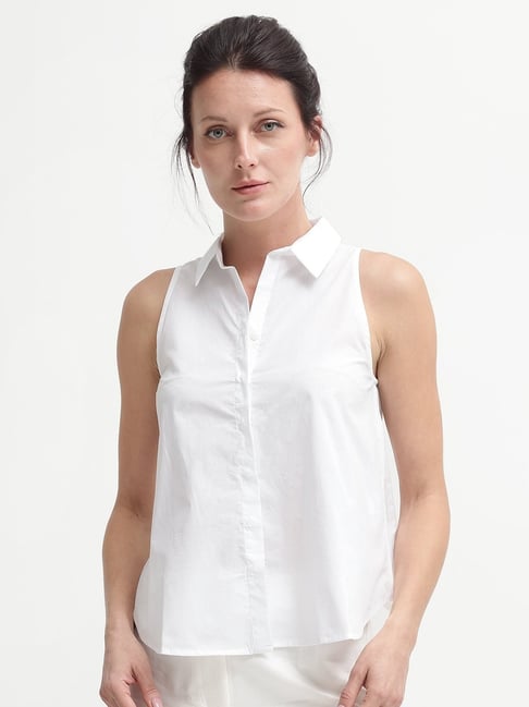 RAREISM White Cotton Solid Sleeveless Top