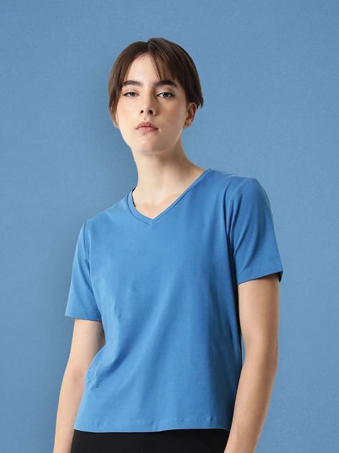 RAREISM Blue Cotton Solid Short Sleeves T-Shirt
