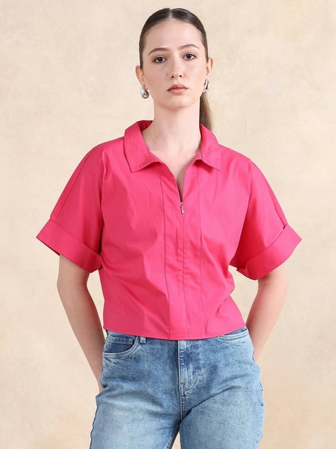RAREISM Pink Cotton Blend Solid Short Sleeves Top-picture-37