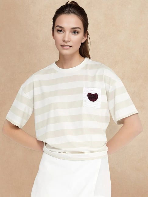 RAREISM Off White Cotton Blend Striped Short Sleeves T-Shirt-picture-32