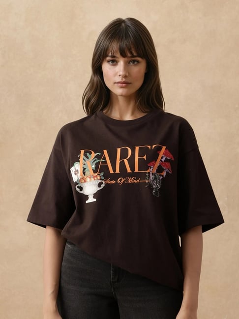 RAREISM Brown Cotton Printed Short Sleeves T-Shirt