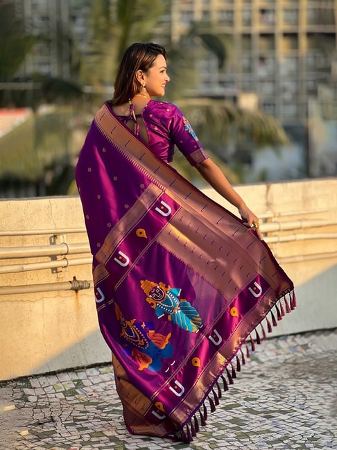 MYSILKLOVE Sangria Purple Silk Woven Saree with Unstitched Blouse