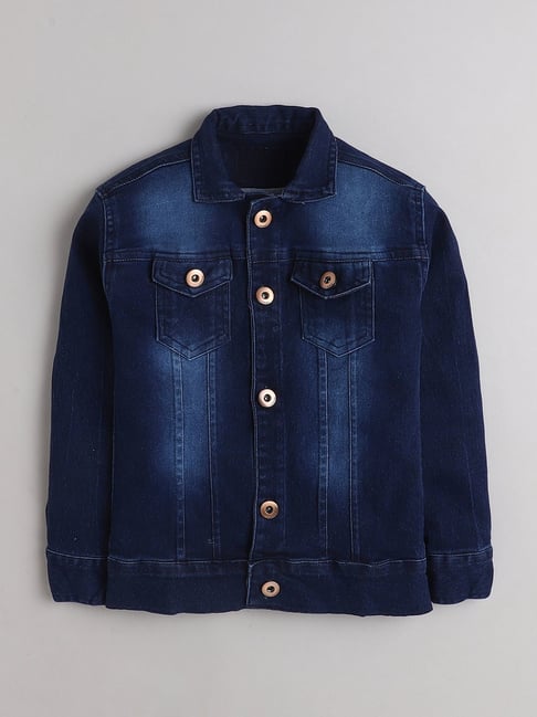 Ministitch Boys Navy Blue Denim Regular Fit Printed Jacket with T-Shirt