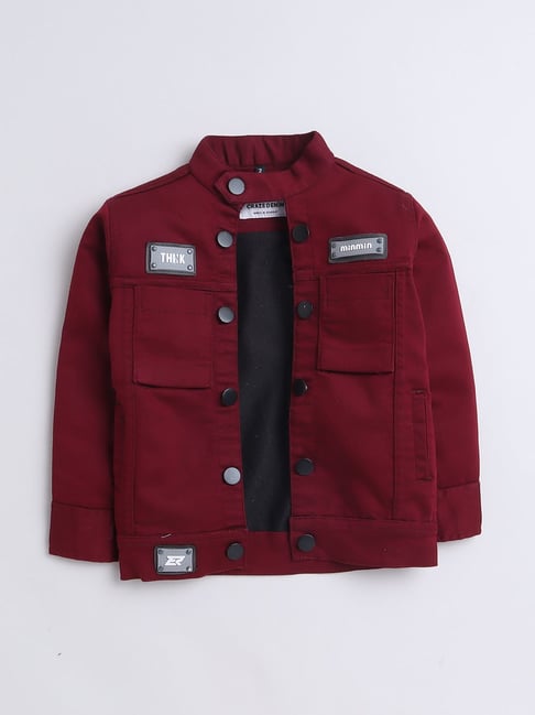 Ministitch Boys Maroon Denim Regular Fit Printed Jacket with T-Shirt