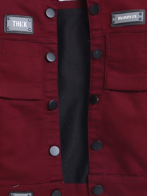 Ministitch Boys Maroon Denim Regular Fit Printed Jacket with T-Shirt